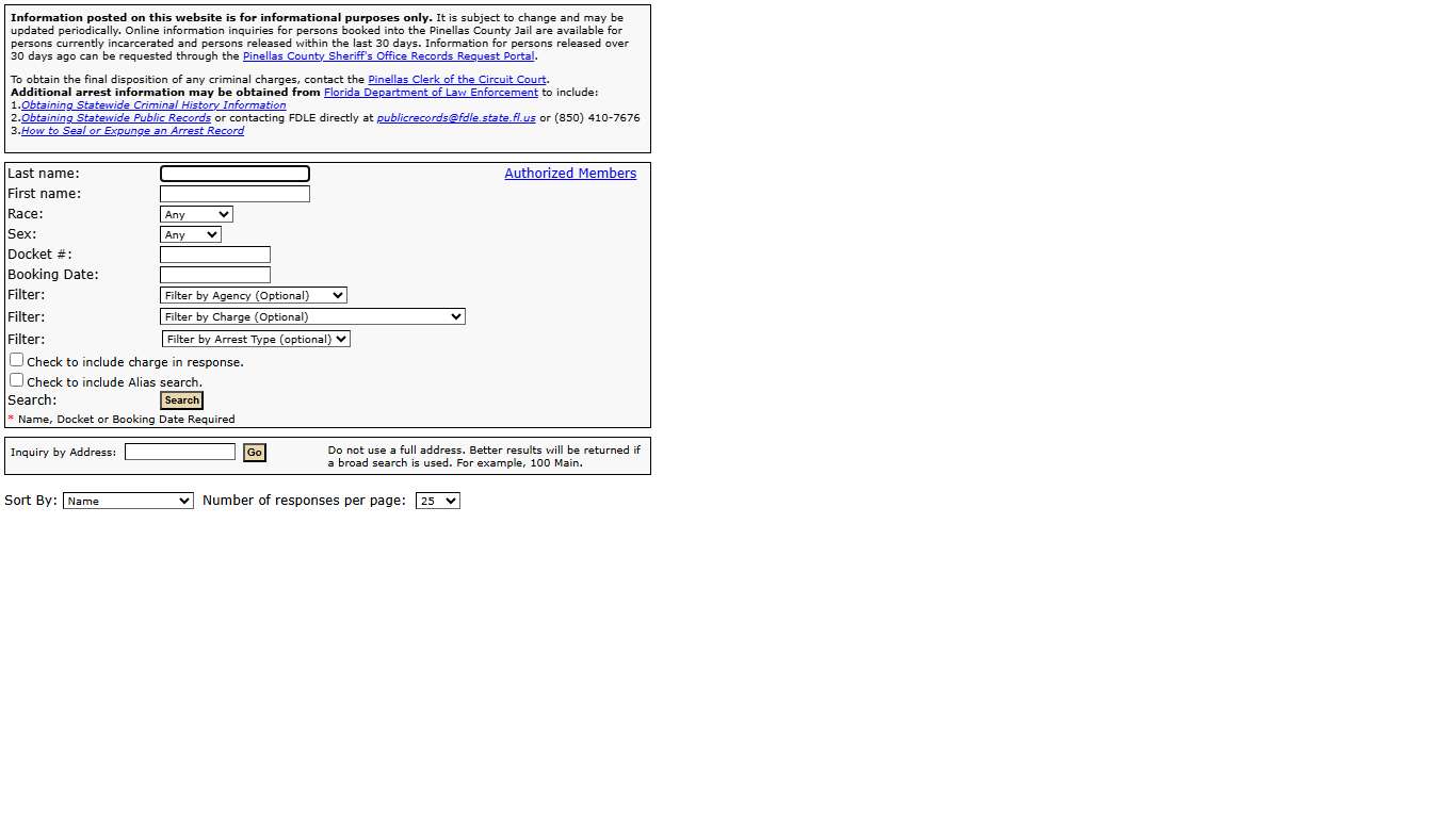 Pinellas County Sheriff's Office Arrest Inquiry